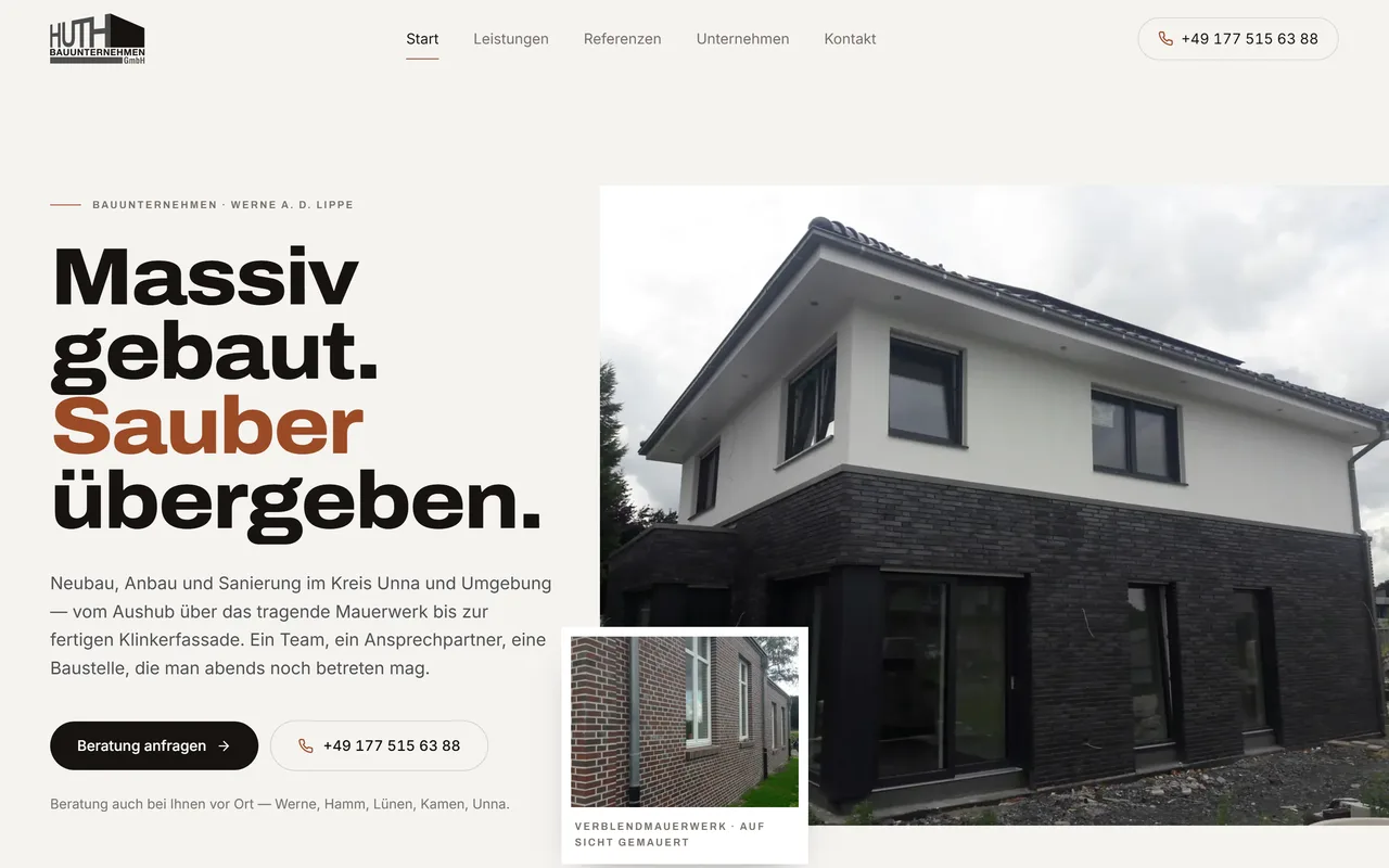 Website-Konzept: Massivbau mit Klinkerfassaden · Bauunternehmen & Massivbau